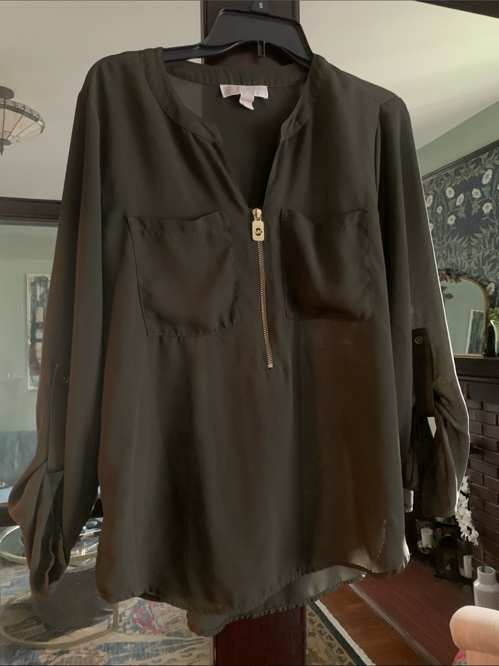 Michael Kors Olive Zip-Front Long Sleeve Blouse